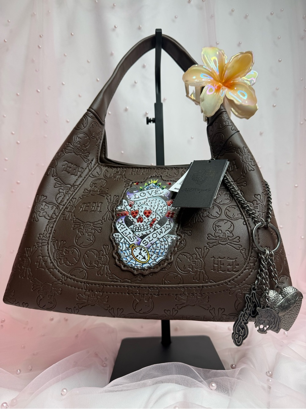 Ed Hardy Hobo Chocolate  Embossed Skull Rhinestone Bag w/ Chain Charm